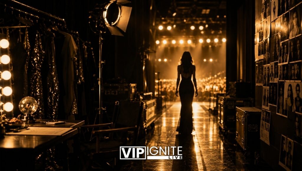 Aspiring actress walking toward a spotlighted stage backstage in a dark golden cinematic environment